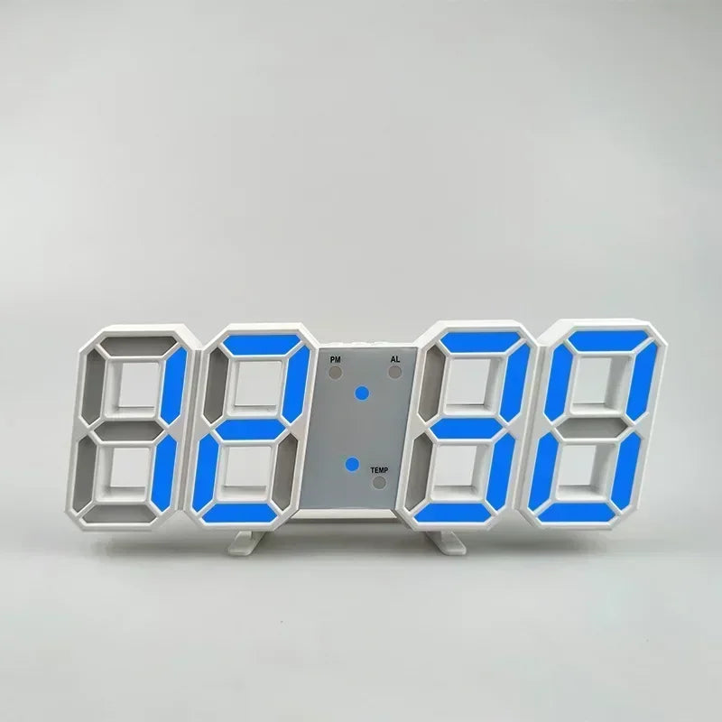 A digital alarm clock display showing 08:00 with blue LED numbers and a gray face.