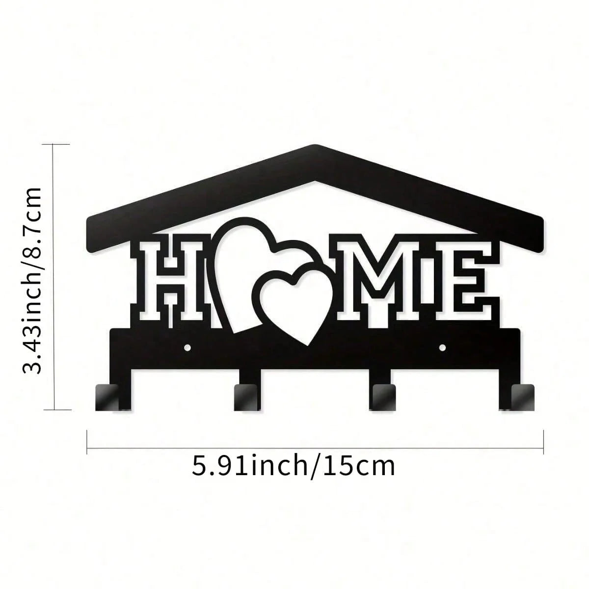Black rustic metal wall hook key holder shaped like a house with a heart and the word HOME