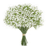 A bouquet of artificial baby's breath flowers with green stems tied together for party decoration.