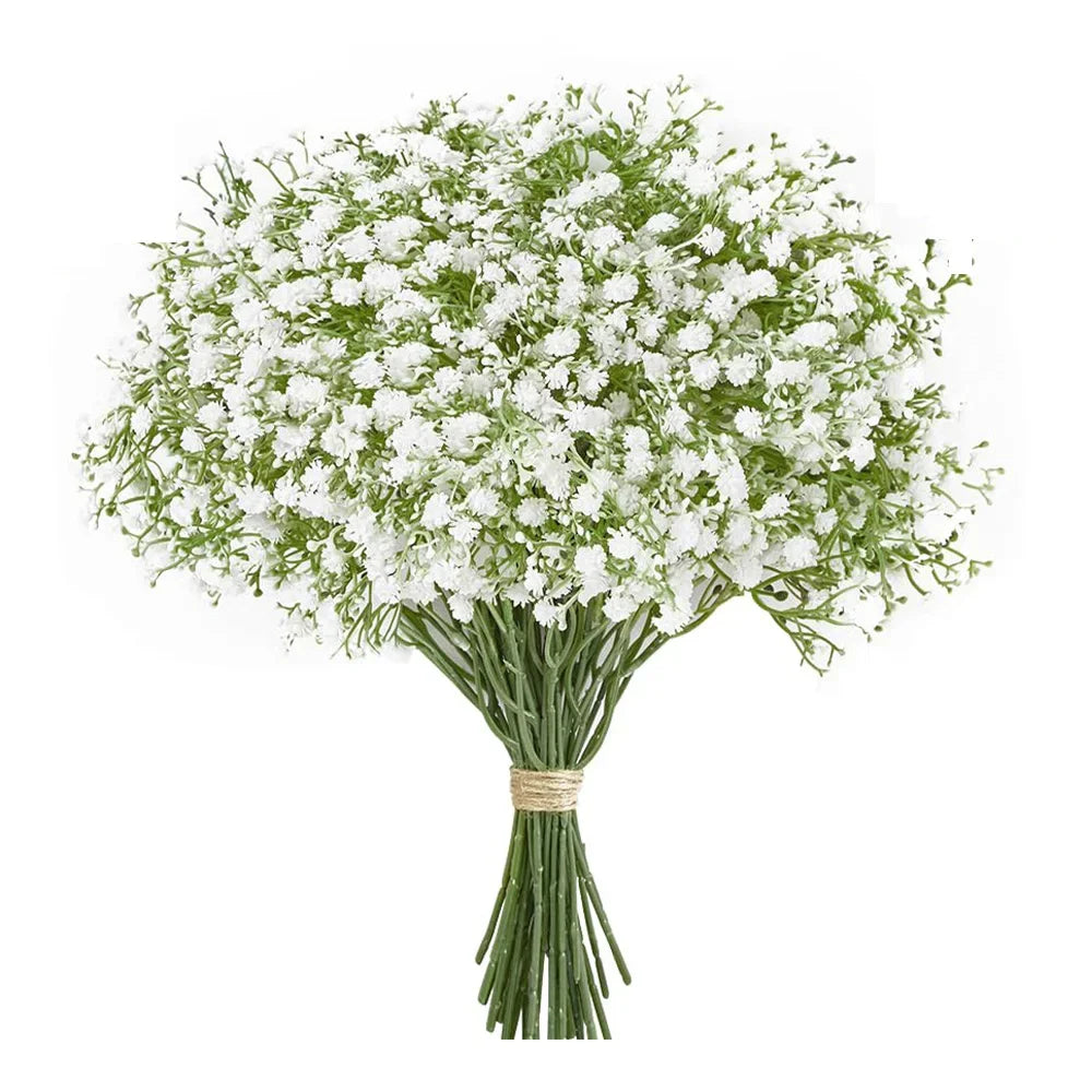A bouquet of artificial baby's breath flowers with green stems tied together for party decoration.