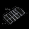 A transparent nail art organizer storage box with multiple compartments shown at an angle.