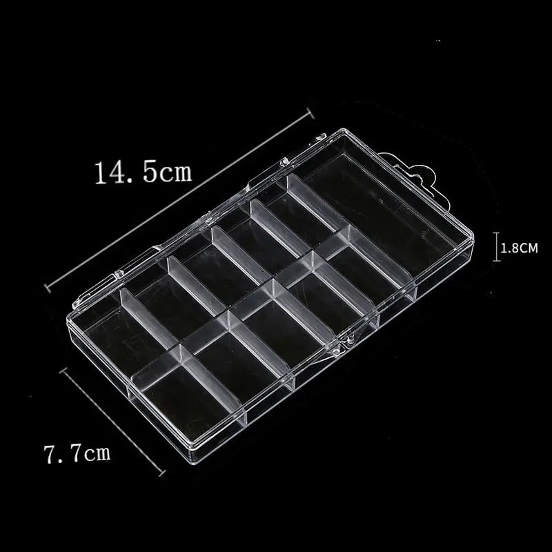 A transparent nail art organizer storage box with multiple compartments shown at an angle.