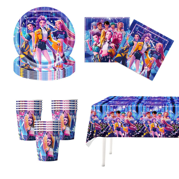 A set of K-Pop themed party decorations featuring colorful characters and group photos.