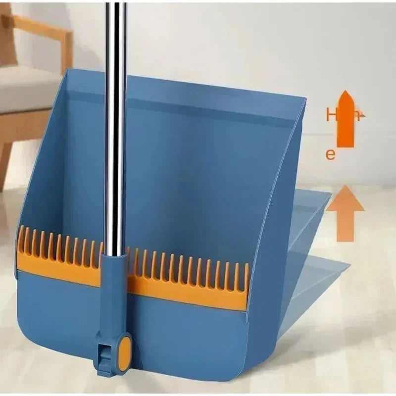 A blue ergonomic broom and dustpan set with a long handle is shown in a side view.