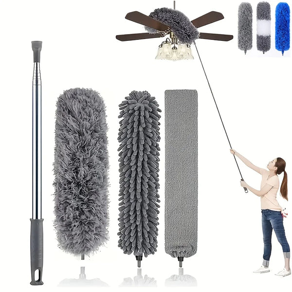 Extendable feather duster set featuring a handheld wand and various fluffy cleaning tools.