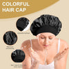 A woman is using a colorful hair cap, demonstrating its adjustable tightness and satin material properties.