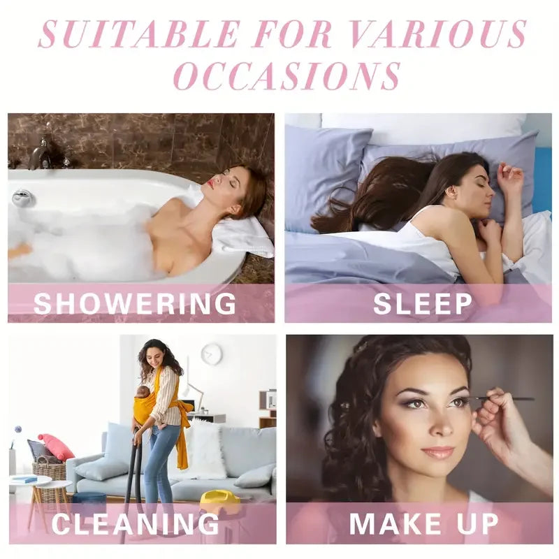 A satin sleep bonnet is shown in various contexts including showering, sleep, cleaning, and make up.
