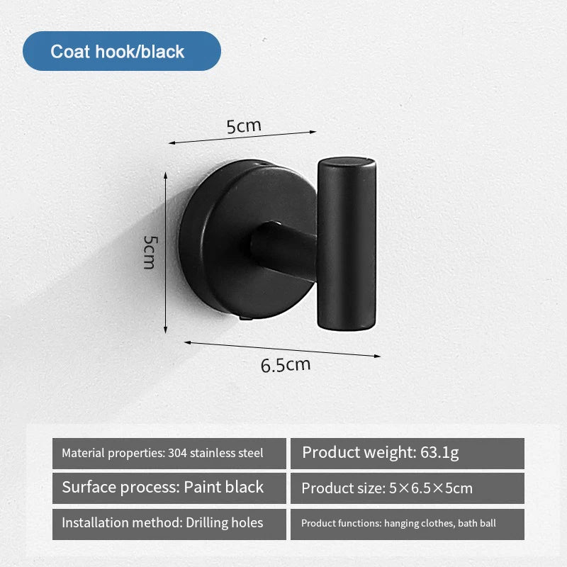 Black coat hook with a cylindrical bar, made of 304 stainless steel for hanging clothes.