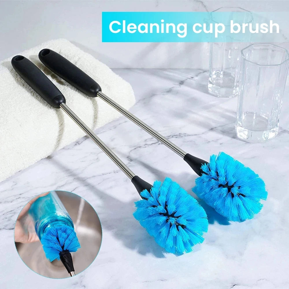 A set of three blue cleaning cup brushes with long handles and a close-up view of the brush head