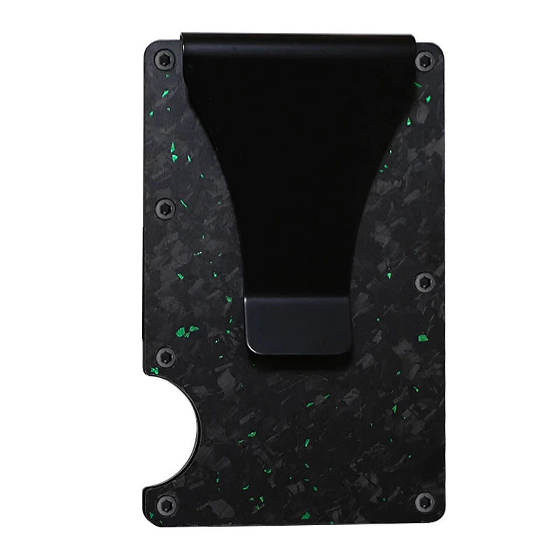 A black carbon fiber slim card wallet with a curved design and a rectangular slot.