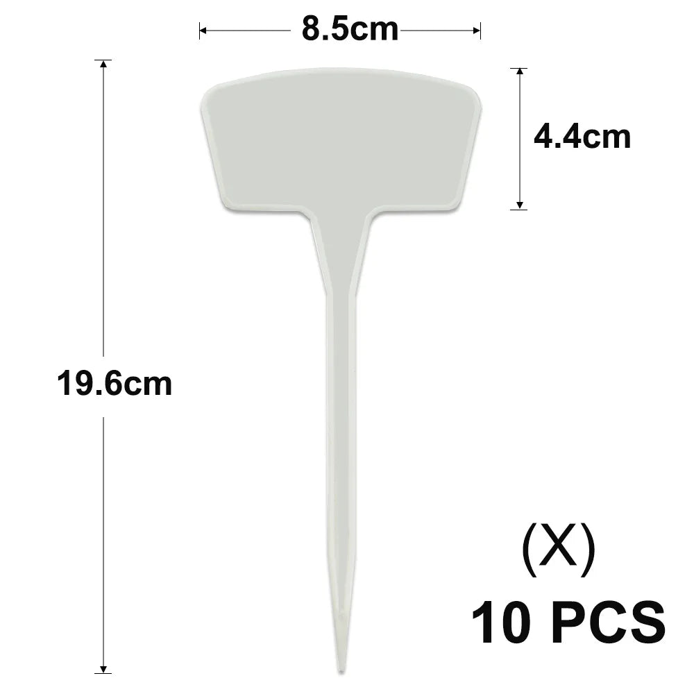 A white T-shaped plant marker with a 8.5cm wide head and a 19.6cm long stem, shown next to the quantity of 10 pieces.