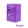 A purple solid color metal piggy bank with a combination lock.