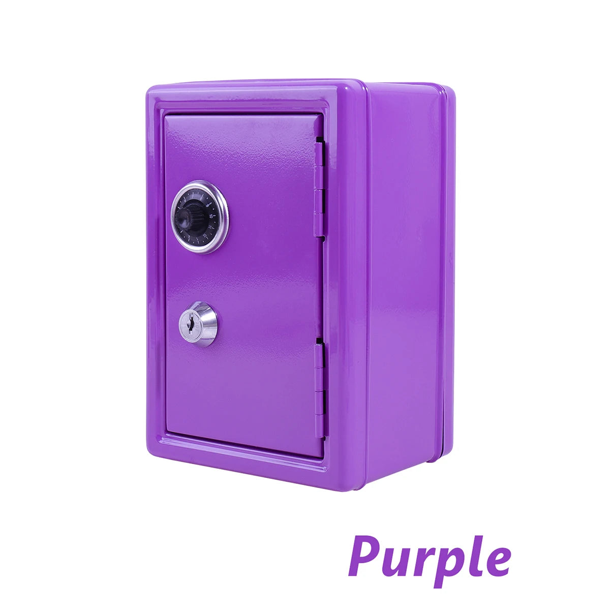 A purple solid color metal piggy bank with a combination lock.