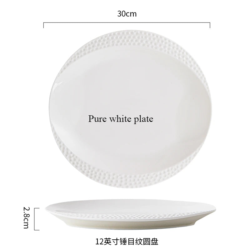 A pure white plate and a matching shallow bowl are shown, with dimensions of 30cm and 2.8cm respectively.