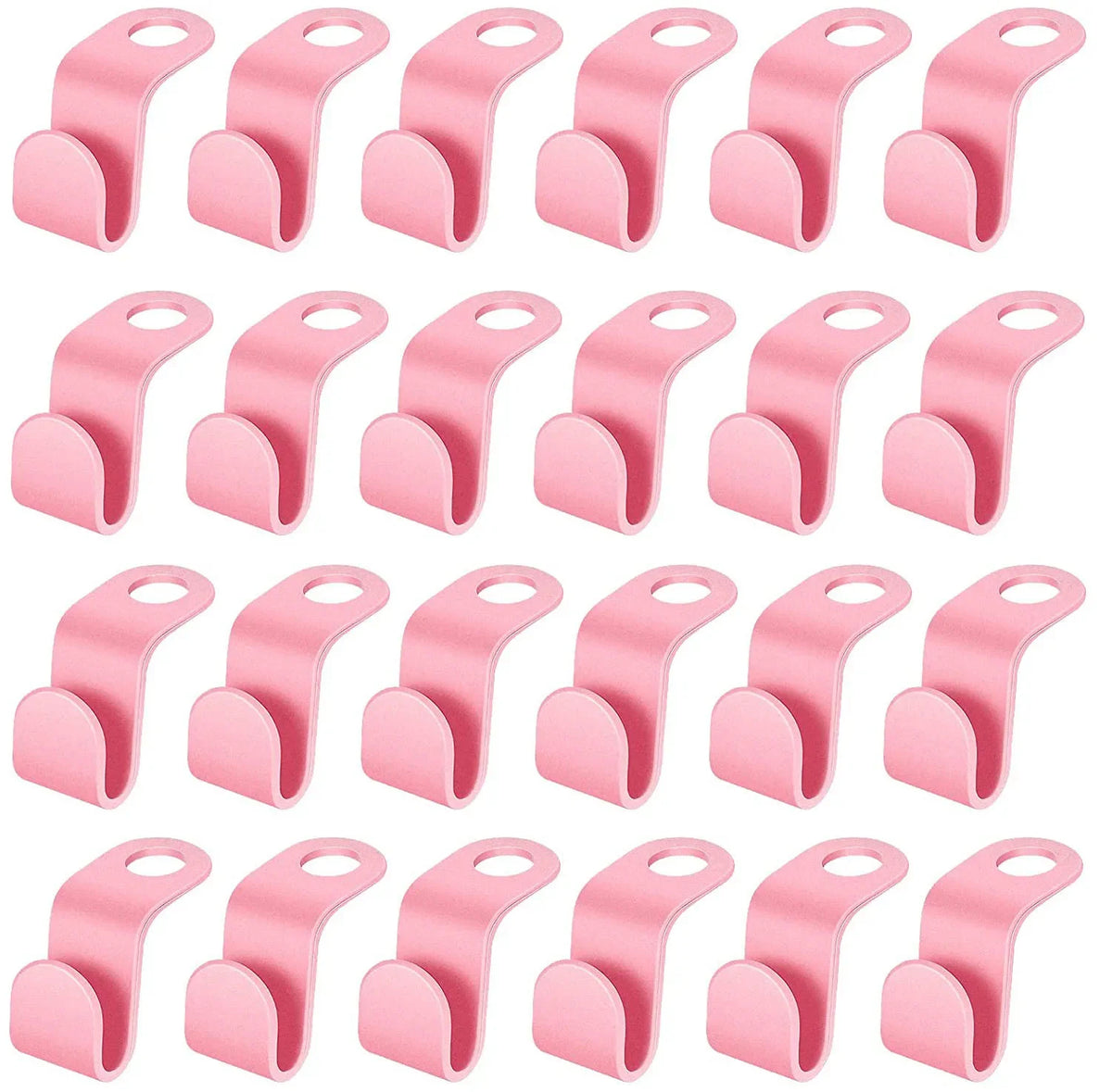 A set of pink space-saving hanger connector hooks for closet organization.