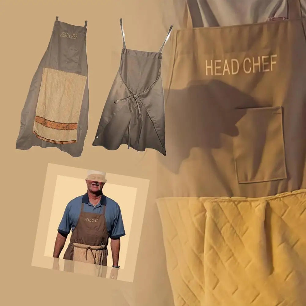 A set of chef aprons, including a gray and beige apron and a yellow quilted apron, displayed against a neutral background.