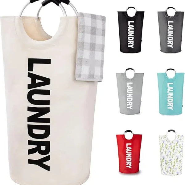A collection of foldable laundry baskets in various colors and patterns, including black, gray, white, and teal.