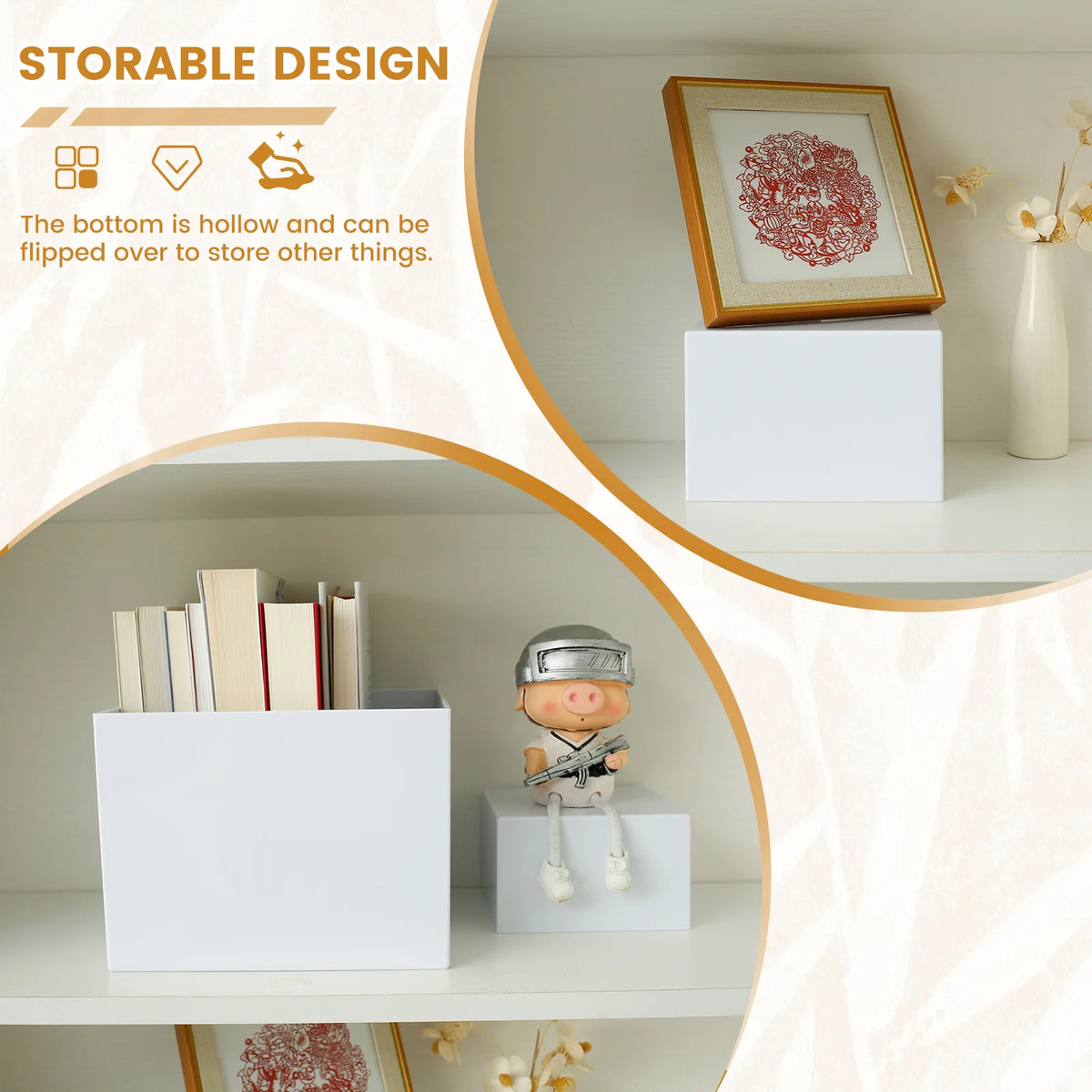 A white acrylic stackable buffet riser is shown on a shelf with books and a small figure.
