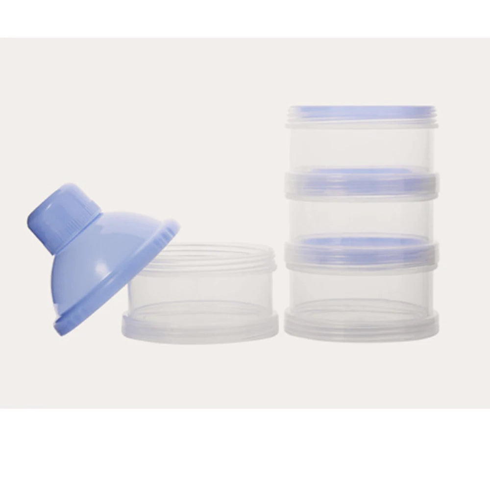 Three clear plastic containers with blue lids for portable milk powder storage.