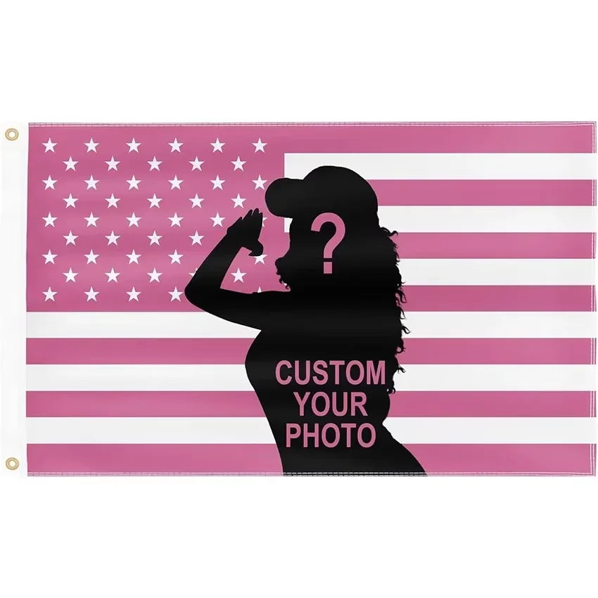 A pink and white striped flag background features a silhouette of a person with a question mark, intended for custom photo pr