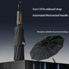 A black heavy-duty windproof sun umbrella with a motorized handle and fiberglass ribs is shown against a dark background.