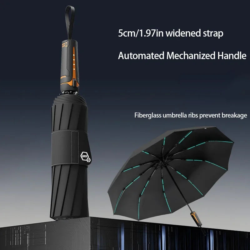 A black heavy-duty windproof sun umbrella with a motorized handle and fiberglass ribs is shown against a dark background.