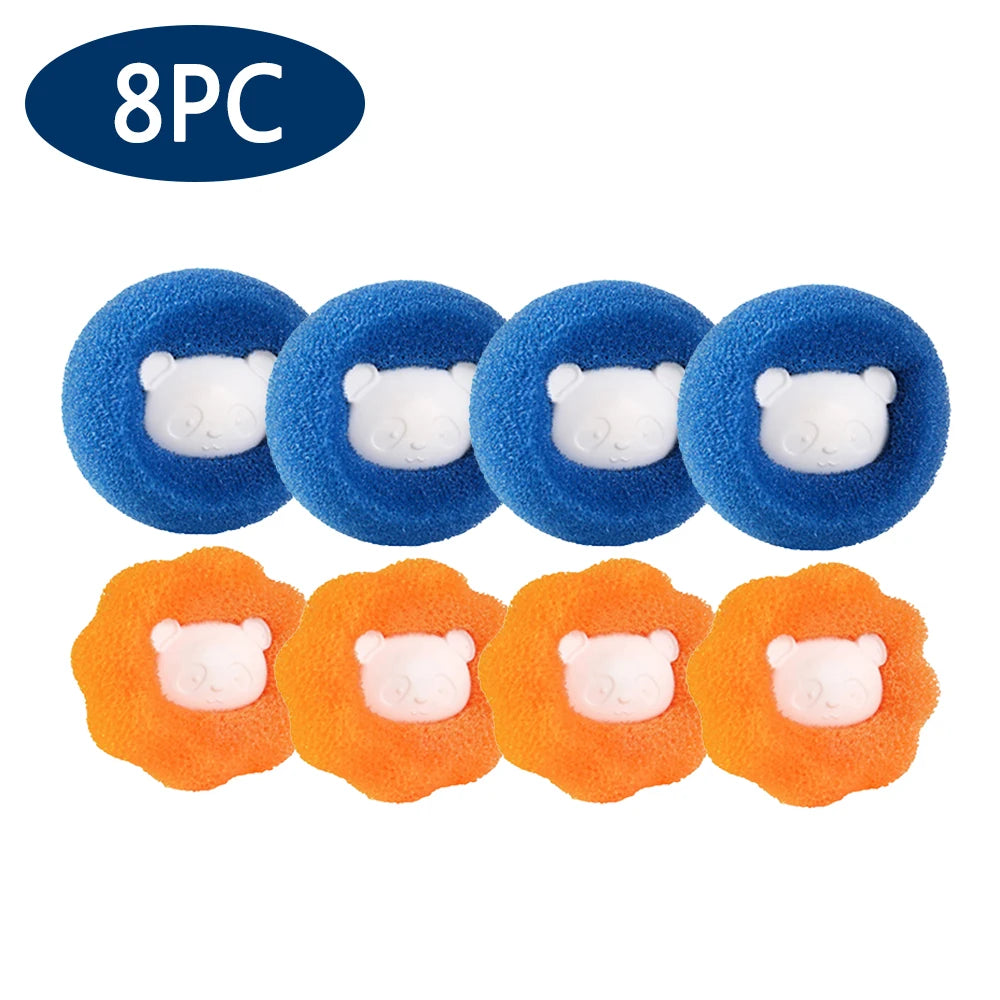 Eight reusable lint and hair remover balls in blue and orange colors.