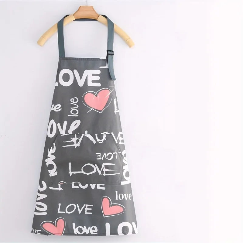 A gray apron featuring a repeating pattern of various love-themed text and heart designs.