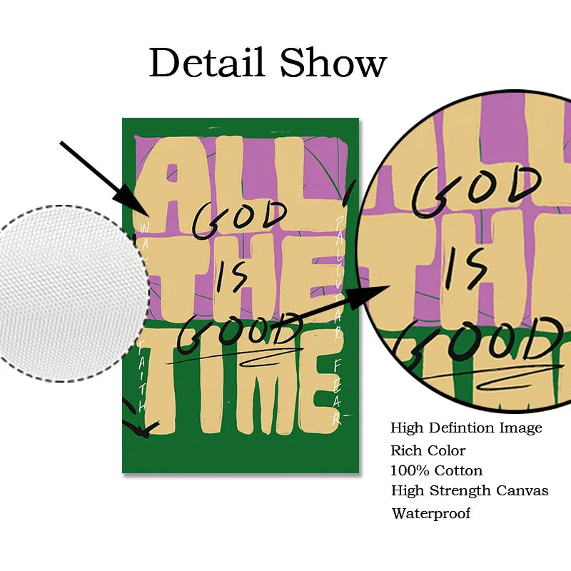 Detail show of a canvas art print featuring the quote God is good time and God is good.