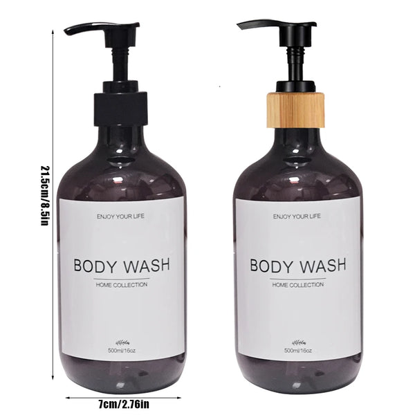 A dark glass bottle of body wash with a black pump dispenser and a wooden cap, labeled Body Wash Home Collection.