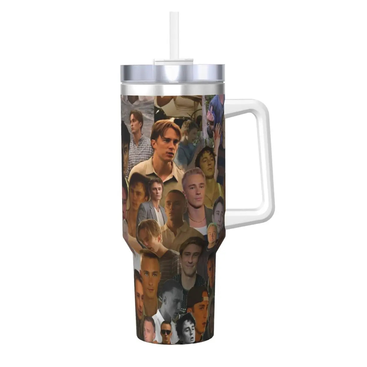 A stainless steel travel tumbler mug with a clear lid featuring a collage of faces.