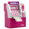 A pink and silver automatic digital money box ATM for kids with a keypad and slot for cash