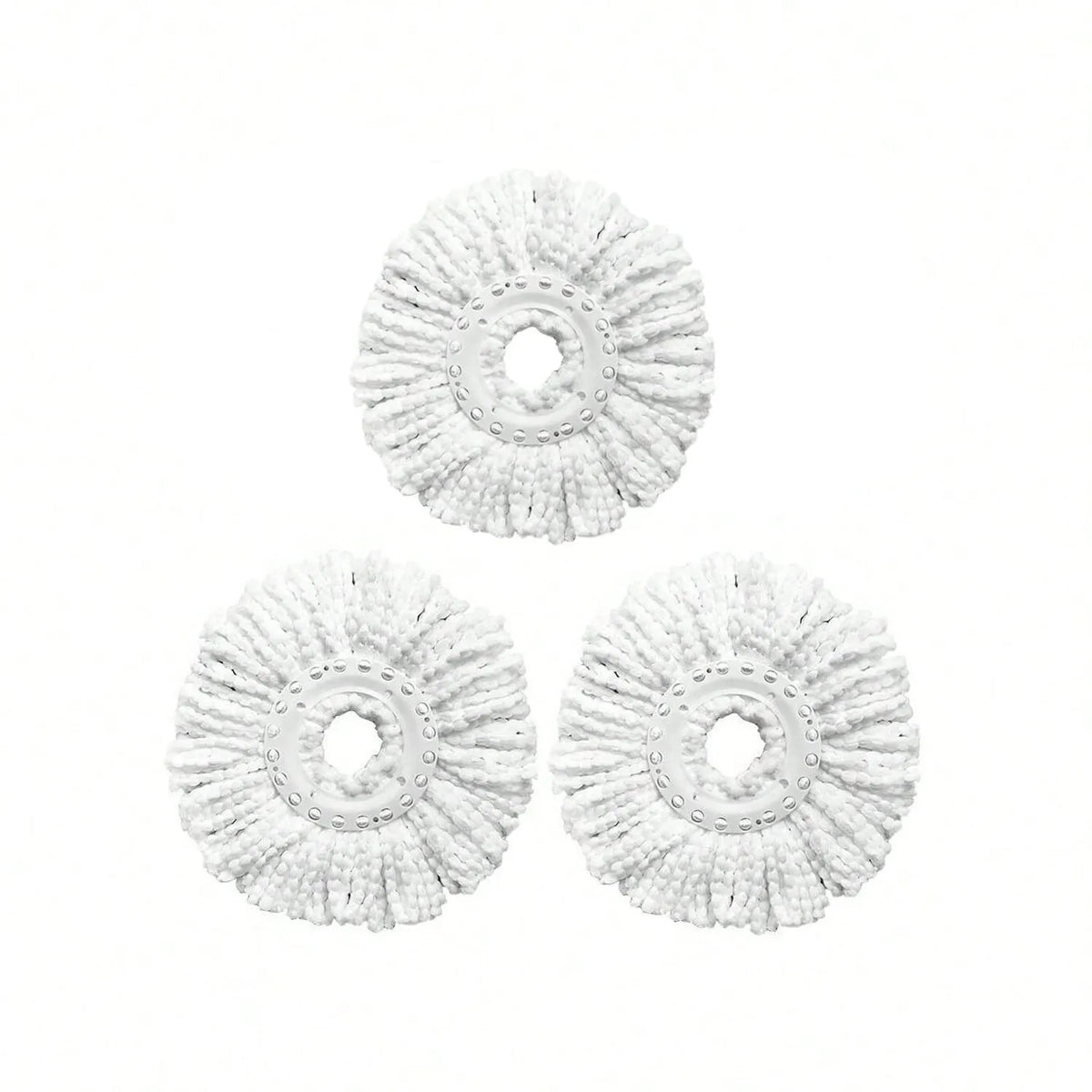 Four white microfiber spin mop heads arranged in a row.