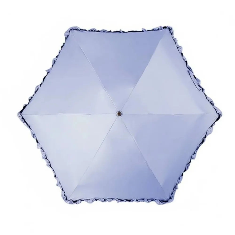 Light blue compact 5-fold lace umbrella with a geometric canopy and golden curved handle