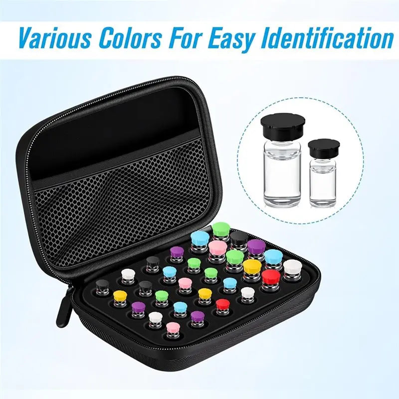 A black storage case containing various colored silicone vial caps for liquid identification.
