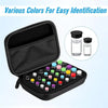 A black storage case containing various colored silicone vial caps for liquid identification.