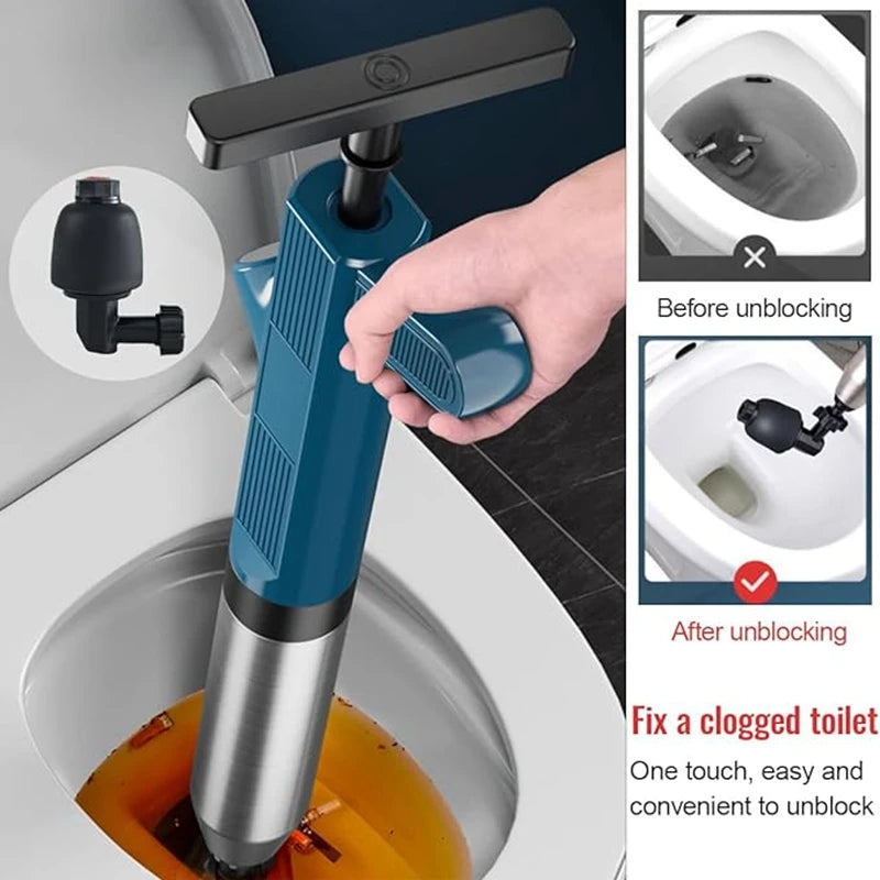 A hand is using a heavy-duty stainless steel toilet plunger to unblock a clogged toilet.