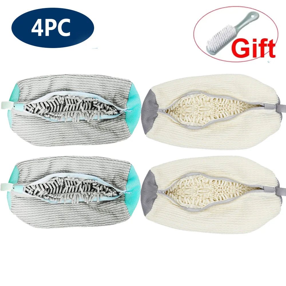 Four reusable shoe cleaning bags with mesh inserts shown for washing and drying shoes.