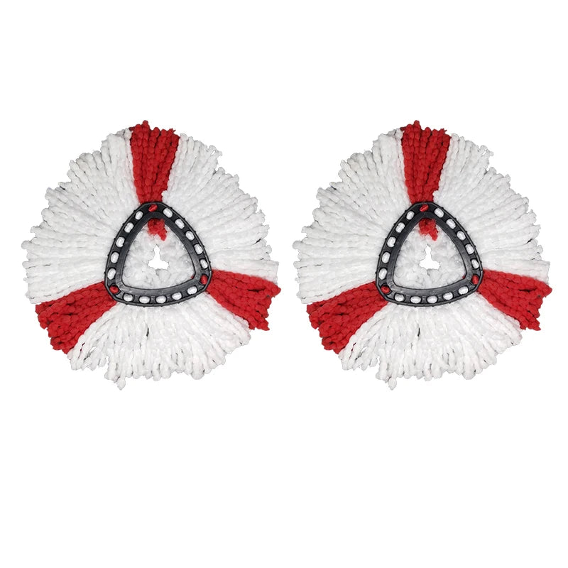 Two microfiber mop head replacements featuring white and red stripes with black accents.