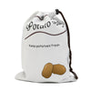 White reusable drawstring storage bag with brown lettering and a potato graphic.