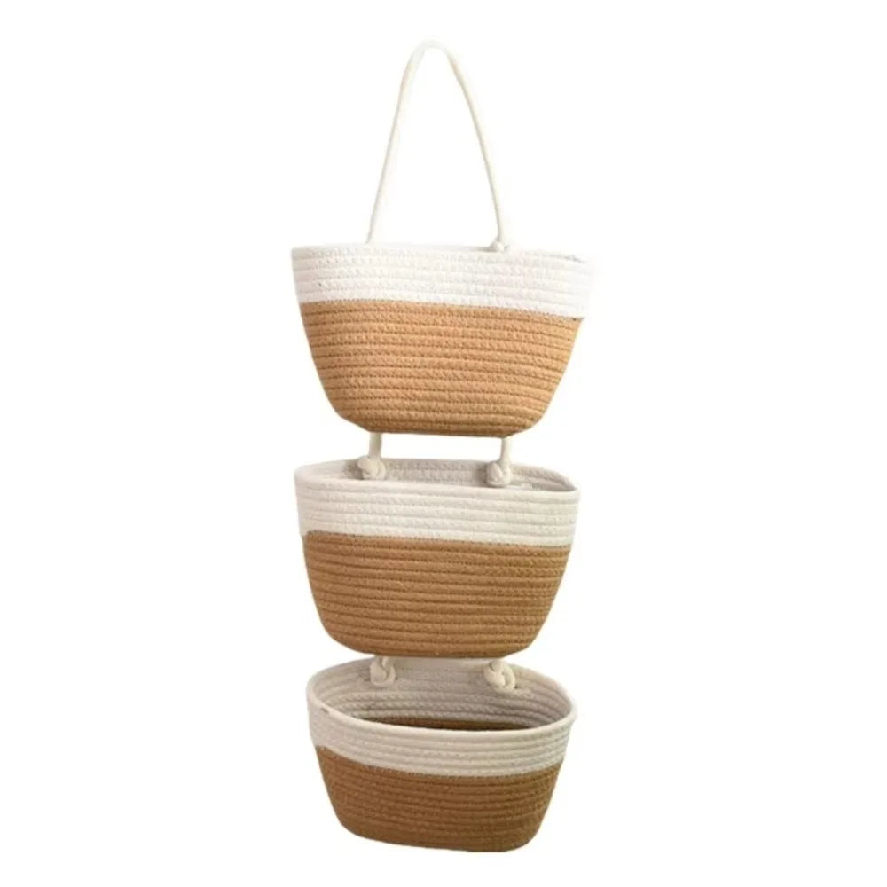 Handwoven multi-layer wall storage basket with natural beige and white stripes