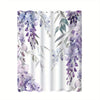 A shower curtain featuring a watercolor design of purple and green floral branches and leaves.