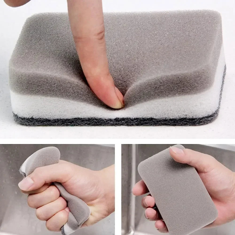Hands demonstrate the use of reusable double-sided kitchen cleaning sponges.