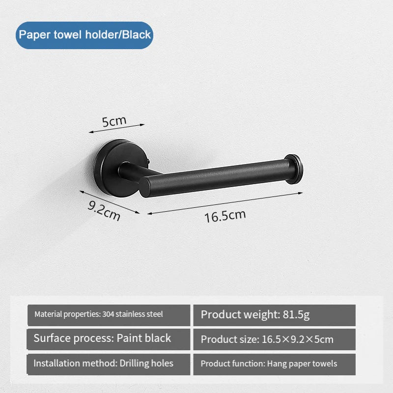 Black paper towel holder made of stainless steel with a 16.5cm length and 9.2cm width.