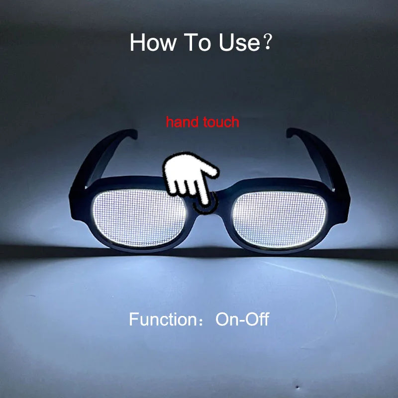 Instruction manual showing how to use LED light up anime glasses with a hand touch for on-off function