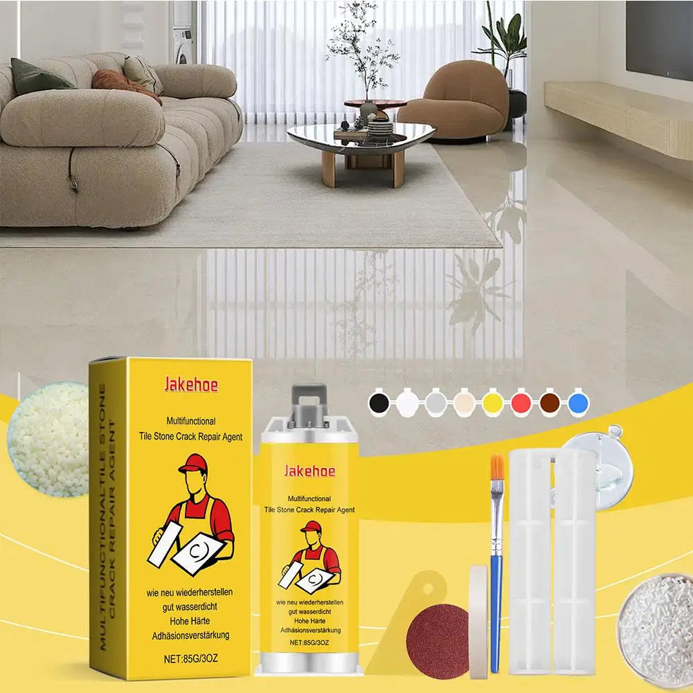 Yellow tile stone crack repair agent kit with applicator and sanding pad