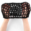 A close-up of a black adjustable mesh wig cap being worn on a person's head.