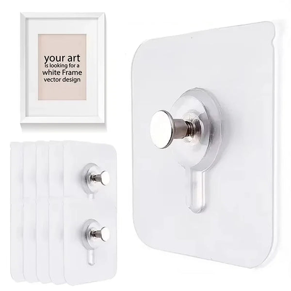 A white adhesive hook with a silver finish and a decorative frame design shown next to a set of picture hangers.