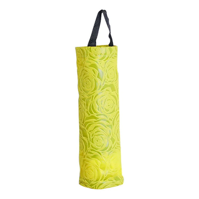 Distributeur de sacs en tissu jaune avec fermeture à cordon noir.