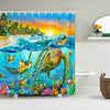 A vibrant shower curtain featuring a tropical sunset scene with dolphins and sea turtles swimming above colorful coral.